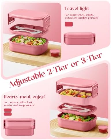Bento Lunch Box, 65 oz 3-Tier Stackable Lunch Container, Adjustable