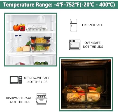 8 Pack 36oz Glass 3-Compartment Meal Prep Containers with Lids