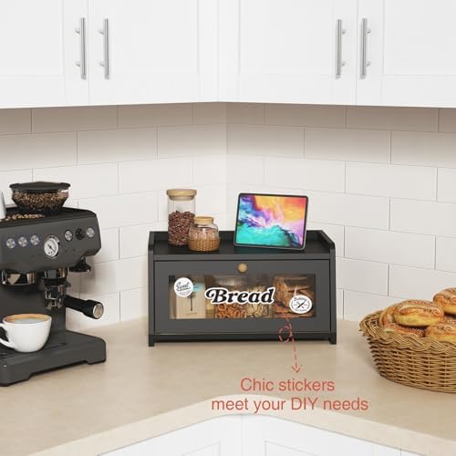 Goozii Black Bread Box for Kitchen Countertop, Small Vintage Counter Top Breadbox, Homemade Bread Storage Container for Sourdough Loaf, Farmhouse Wooden Corner Kitchen Counter Organizer for Cabinet