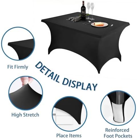 4FT Black Table Cloth - 2 Pack, Fitted Stretch Rectangle Spandex