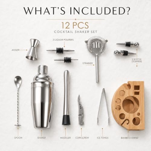 Cocktail Shaker Set with Bamboo Stand, 12-Piece 25oz Stainless Steel