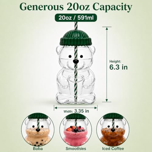 Cute Bear Glass Tumbler with Lid and Straw, 20 oz, Green