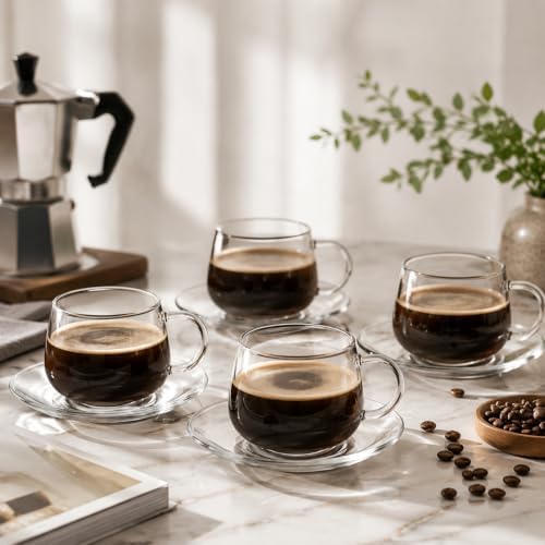 Tosnail 4 Pack Glass Cups and Saucers Set, 11 oz