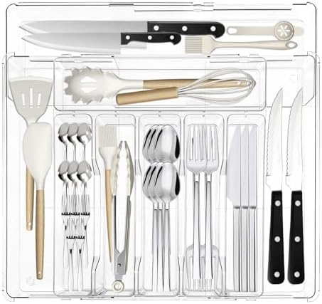 Expandable Silverware Organizers for Kitchen Drawer, Clear Utensil