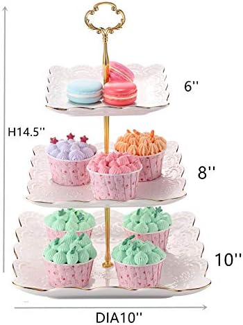 Sumerflos 3-Tier Square Porcelain Cake Stand, White Rimmed with Gold