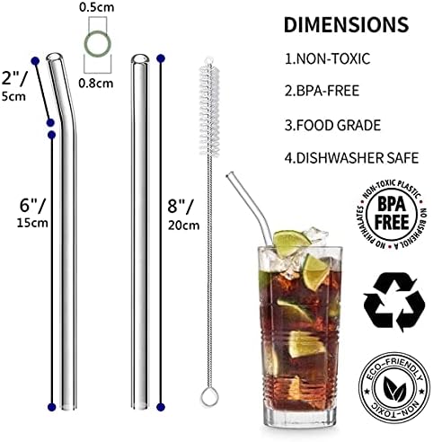 8 Pcs Reusable Glass Straws, 8"x8mm Eco-friendly Drinking Straws for