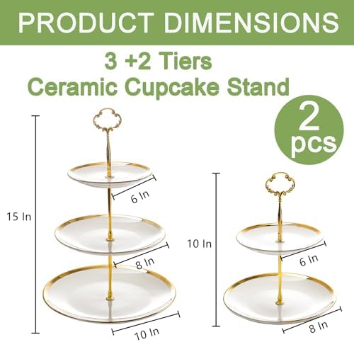 Frcctre Set of 2 Ceramic Cupcake Stand, 3+2 Tier Porcelain Dessert