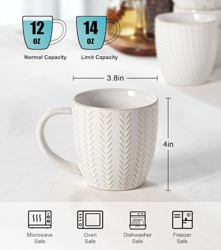 Lareina 12 oz Ceramic Coffee Mugs, Set of 4, Ivory White