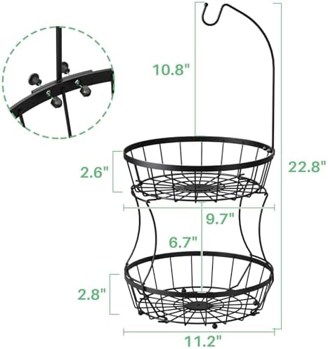 SAYZH 2-Tier Large Fruit Basket Bowl for Kitchen Counter with Banana Hanger