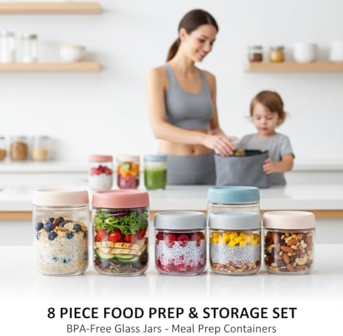 ColoVie Glass Meal Prep Jar Set, 8 Pack Overnight Oats Containers