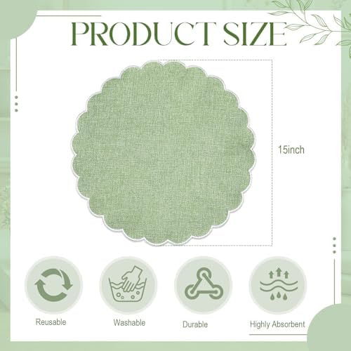 Set of 12 Sage Green Cotton Placemats 15" Round Scalloped White
