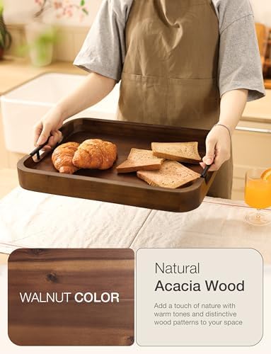 TIDITA 17"x13" Rectangular Wooden Serving Tray, Metal Handles, Walnut