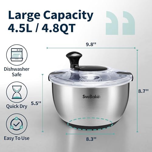 Stainless Steel Salad Spinner, 4.8 Qt Vegetable Washer, BPA-Free Lettuce Dryer with Crank Design, Easy Clean, Non-Slip Base - Transparent Lid