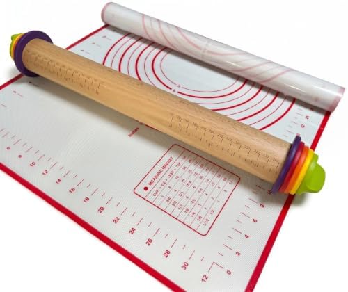 Adjustable Rolling Pin with Thickness Rings & Silicone Baking Mat