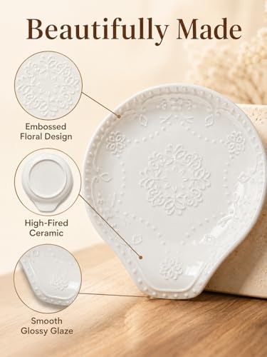 Ceramic Spoon Rest for Kitchen Counter, 5.7" Floral Butterfly Embossed