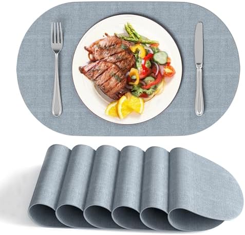 DOLOPL Oval Placemats Set of 6, Dusty Blue Faux Leather Table Place