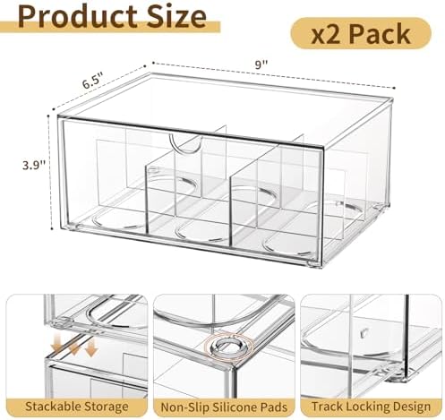 2 Pack Clear Tea Bag Organizer, Stackable Drawer Organizer with