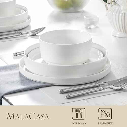 MALACASA 24 Pieces Porcelain Dinnerware Set, Modern White Dish Set for 6, Premium Serving Plates and Bowls Sets, Chip and Scratch Resistant Dishware Sets Kitchen Dishes Dining Ware Set, Series LEAH