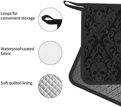Gothic Black Skull Oven Mitts and Pot Holders, 4-Piece Set