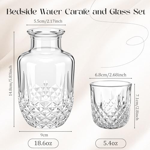 Hushee Set of 2 Vintage Bedside Water Carafe and Glass Set Clear