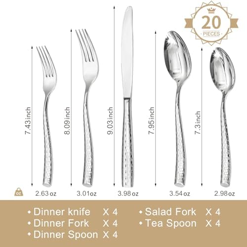 KINGSTONE Hammered Flatware Set, 20-Piece 18/10 Stainless Steel