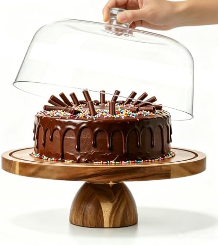 Acacia Wood Cake Stand with Acrylic Dome Lid,12 inch Round Dessert