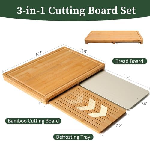 Kikcoin Bamboo Cutting Board Set with Defrosting Tray, Wood Cutting