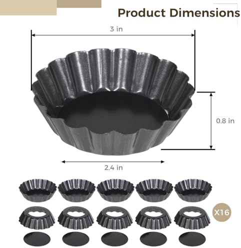 Set of 16 Mini Removable Bottom Tart Pans, 3 Inches Nonstick Fluted