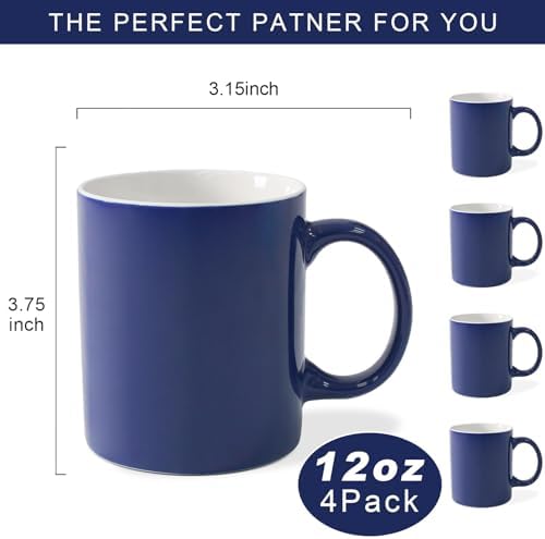 12 oz Cup Plain Gloss Blue Ceramic Coffee Mug Set of 4 for Milk, Tea