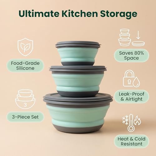 Collapsible Silicone Bowls with Lids, 3 Pack Food Grade Foldable