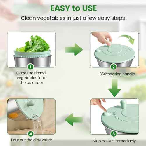 Stainless Steel Salad Spinner 3-in-1, One-Touch Stop and Non-Slip