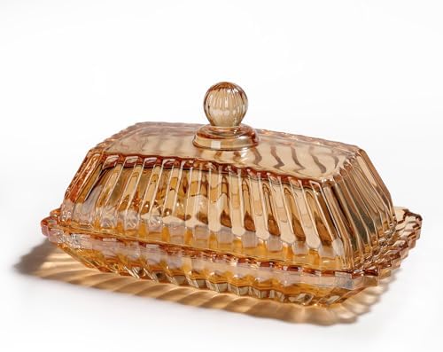 Vintage Covered Glass Butter Dish with Lid-Retro Amber Butter Holder