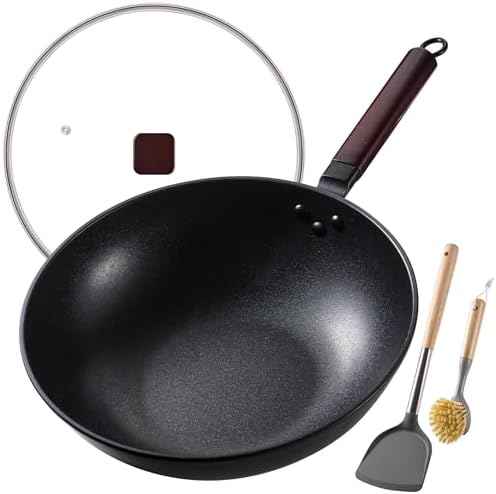 Teewe Carbon Steel Wok, 13" Woks & Stir-fry Pans Nonstick with Glass Lid