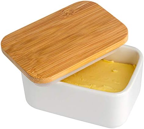 Porcelain Butter Dish with Bamboo Lid, Ceramic Butter Keeper Container