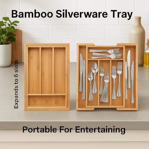 HIC Kitchen Expandable 6-Slot Silverware Cutlery Utensil Storage Tray
