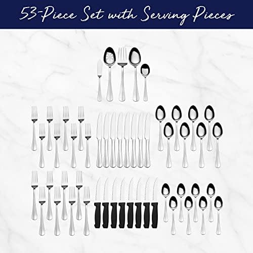 Pfaltzgraff Simplicity 53-Piece Flatware Set, 18/0 Stainless Steel Silverware Set for 8 with Serving Utensils, Classic Dining Cutlery for Everyday Use and Entertaining