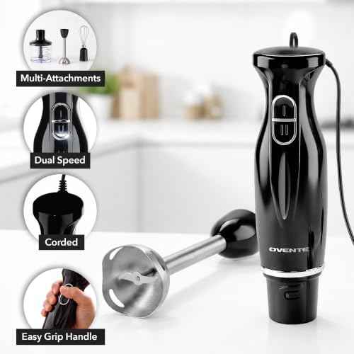 OVENTE Electric Hand Blender Set with 2 Mixing Speeds, 300W Black