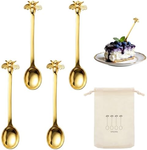 4 Pcs Brass Gold Flower Spoons Tea Spoons for Tea Party, Bee