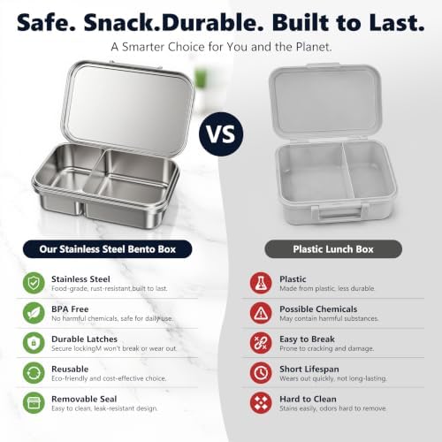 Pawtong Stainless Steel Bento Box for Kids, 2 Compartment Food Grade