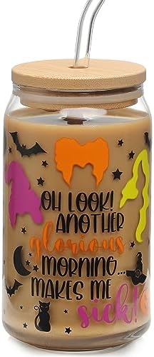 Halloween Glass Cups Witch Drinking Glass Cup with Lid and Straw 16oz