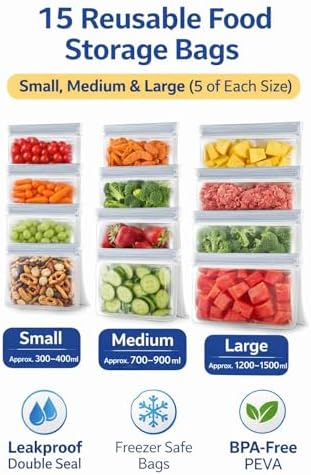 Reusable Silicone Food Storage Bags, 3 Sizes, 15-Piece Set