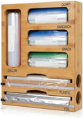 Bag Storage Organizer for Kitchen Drawer and Plastic Wrap Dispenser with Cutter, 6 In 1 Large Capacity Bamboo Foil and Plastic Bag Food Baggie Organizer for Snack, Sandwich, Gallon, Quart