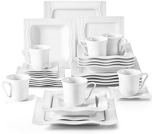 MALACASA 30 Pieces Dinnerware Sets, Modern Ivory White Plates and Bowls Sets for 6, Porcelain Dish Set with Dinner Plate, Dessert Plate, Soup Plate, Cup and Saucer, Square Dishware Set, Series Mario