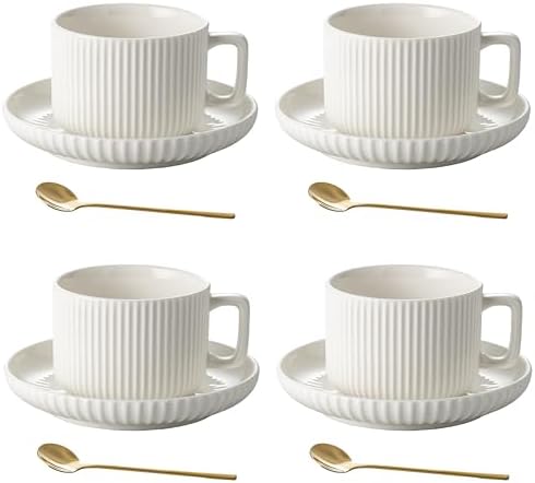8 Ounce Cappuccino Cups Set of 4, Latte Mugs with Saucers and Spoons
