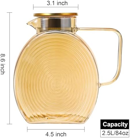 Glass Pitcher with Lid and Spout, 2.5 Liter 84 oz Jug Water Pitcher