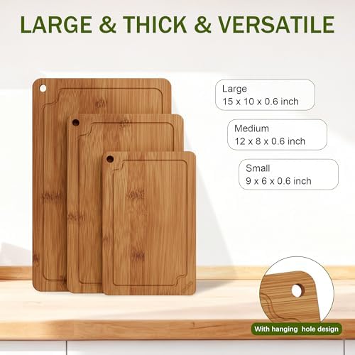 3-Piece Bamboo Cutting Board Set Serving Tray Juice GroovesHandles