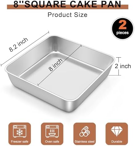 LIANYU 2 Pack 8 x 8 Inch Square Cake Pan, Stainless Steel Baking Oven