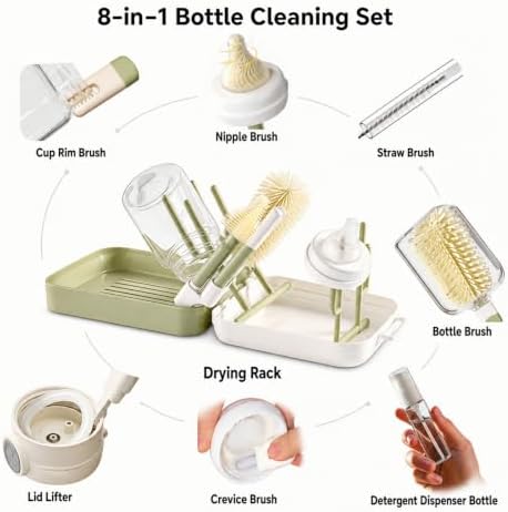 8-in-1 Baby Bottle Cleaning Kit, Portable Brush Set & Drying Rack