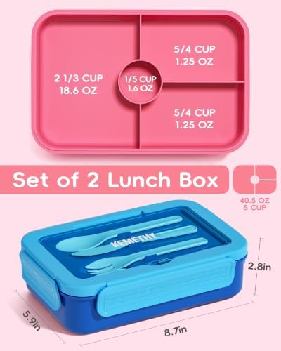 KEMETHY 2 Pack Bento Lunch Box for Kids& Adults, Leak-Proof 4