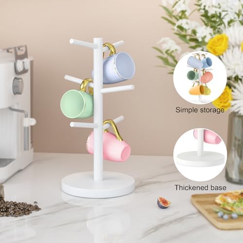 Bamboo Coffee Mug Tree Holder with 6 Hooks, Cup Stand for Countertop